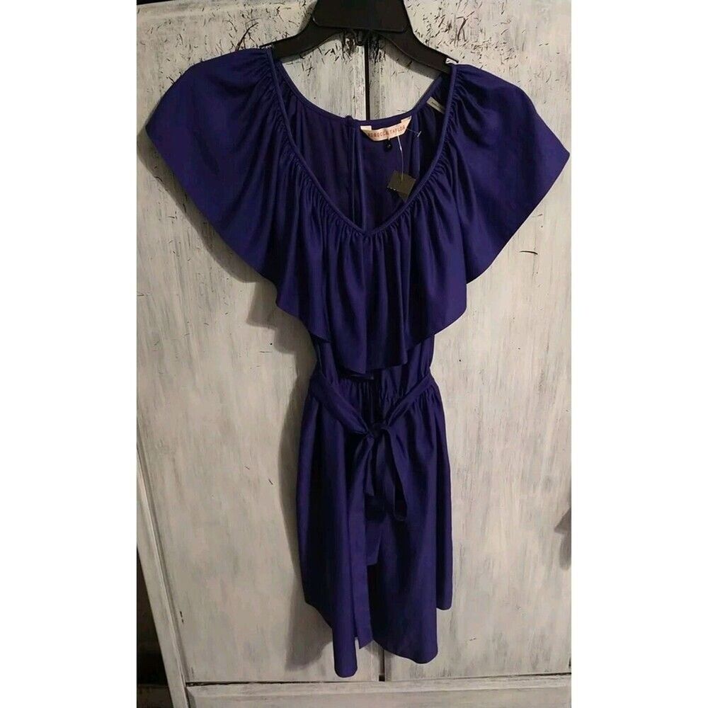 Rebecca Taylor Knee Length Ruffled V-neck Dress Sz 0 Purple Boho Feminine